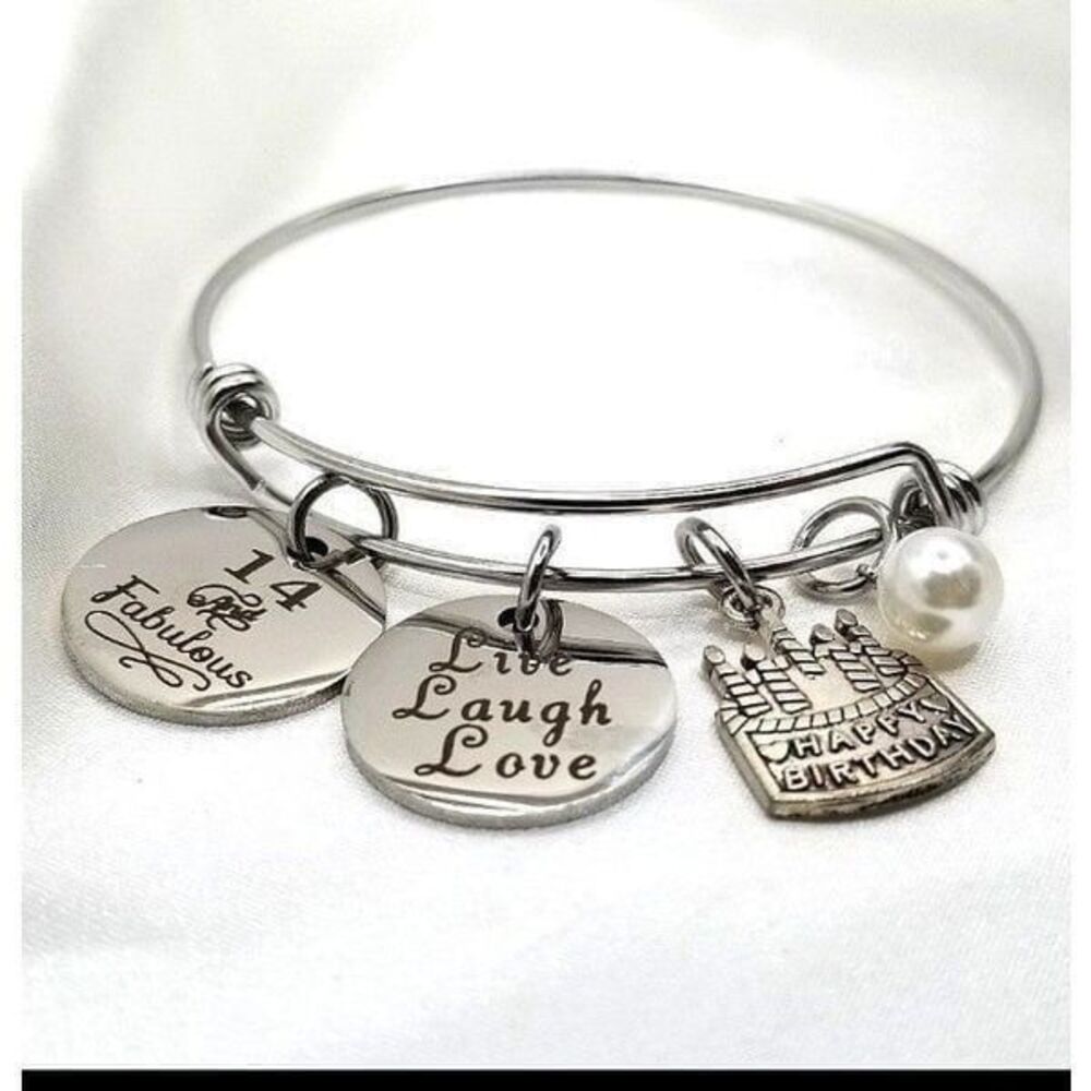 Silver toned dangle charm bangle cuff bracelet fabulous 14.